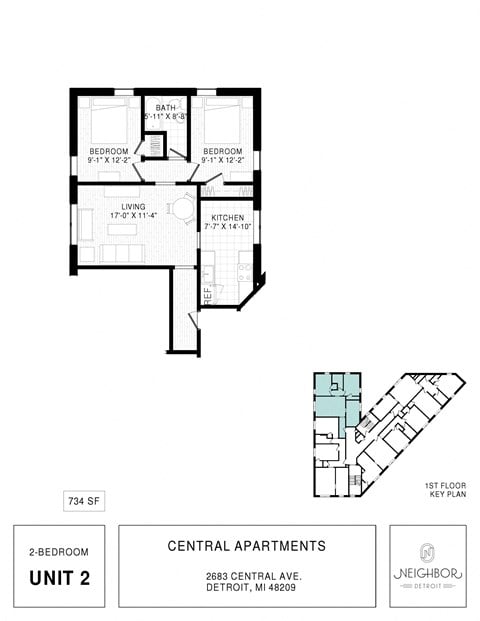 Floor plan for 2 beds, 1 bath, 735 sqft